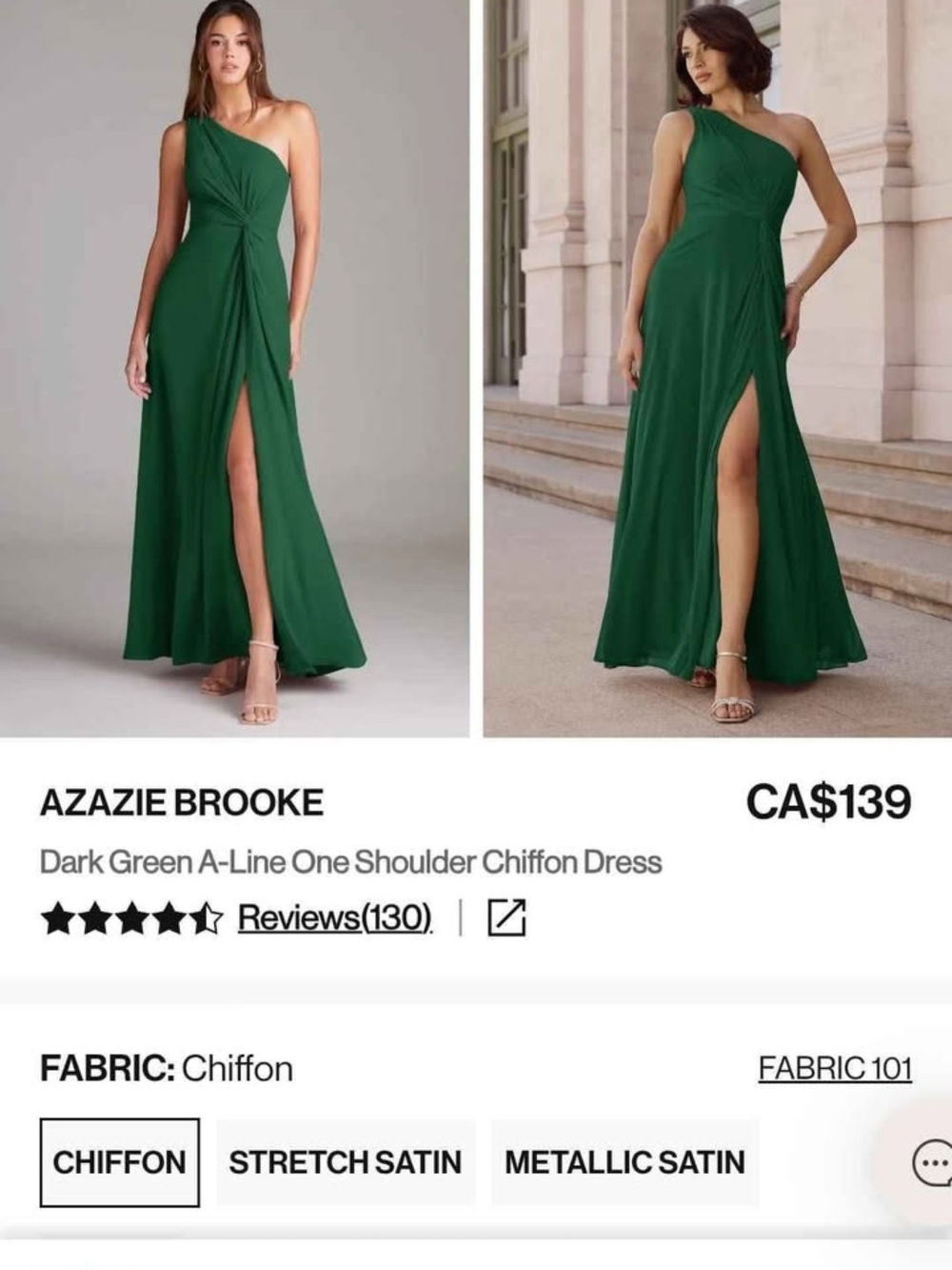 Azazie Dark Green One-Shoulder Chiffon Gown with Thigh Slit